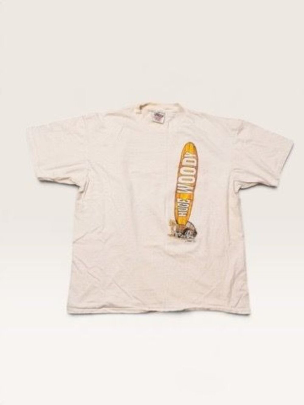 Oneita Men's XL Shirt White Huge Woody's Surfboards Single Stitch 90s